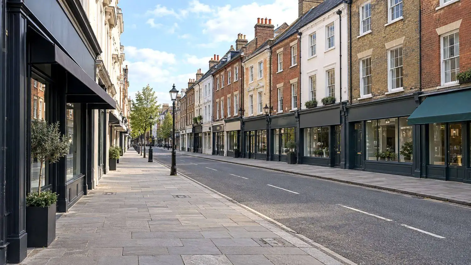 A British high street of period buildings with shops at street level